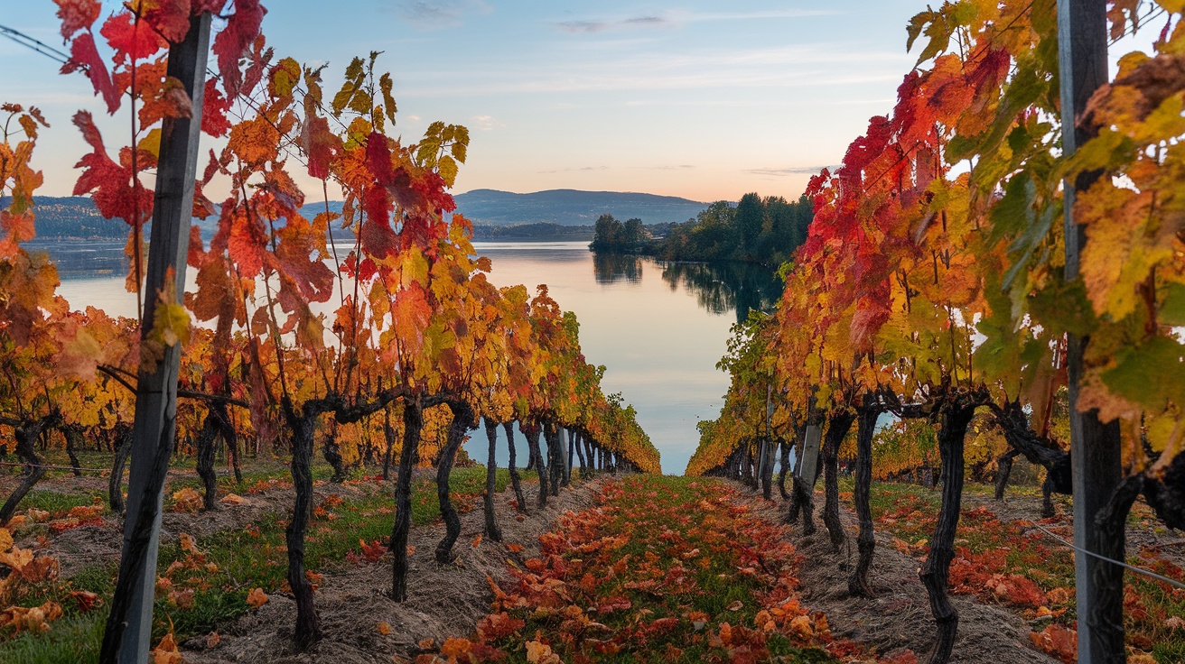 Vineyards in Burgenland, Austria, showcasing autumn leaves and a scenic lake.