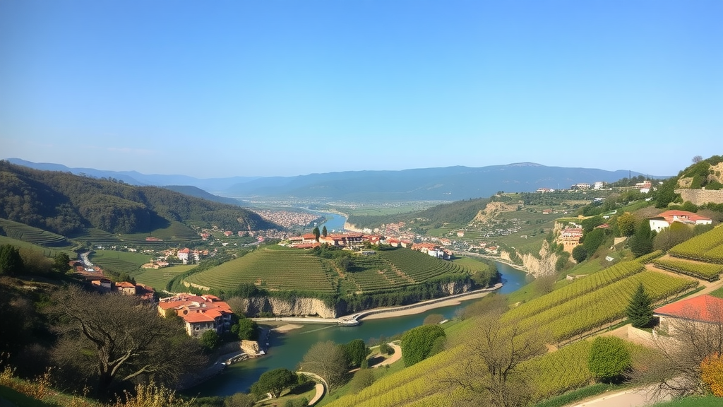 A panoramic view of the Rhône Valley with vineyards and a river.