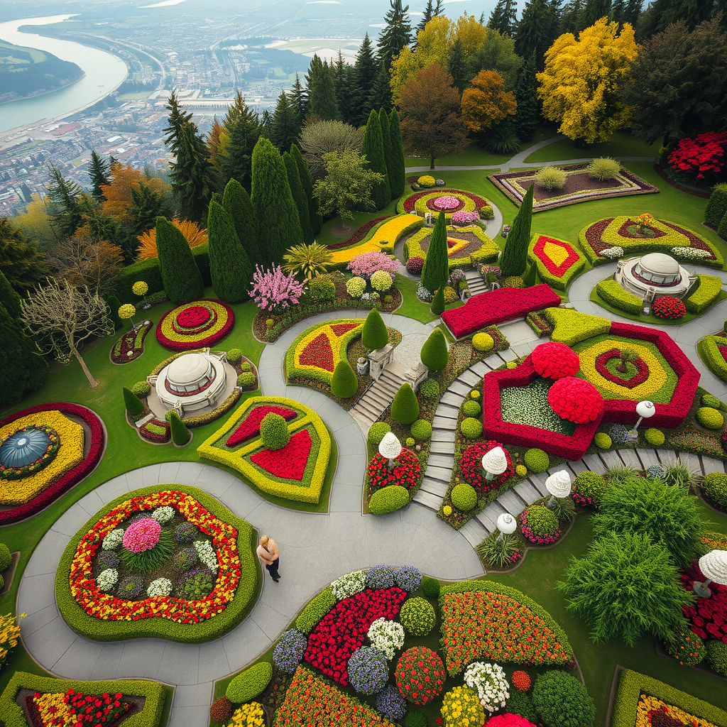 Aerial view of the colorful Butchart Gardens in British Columbia, showcasing beautifully arranged flowers and greenery.