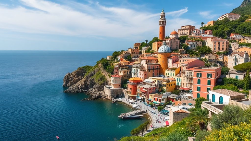 A picturesque view of the Amalfi Coast with colorful buildings and the sea