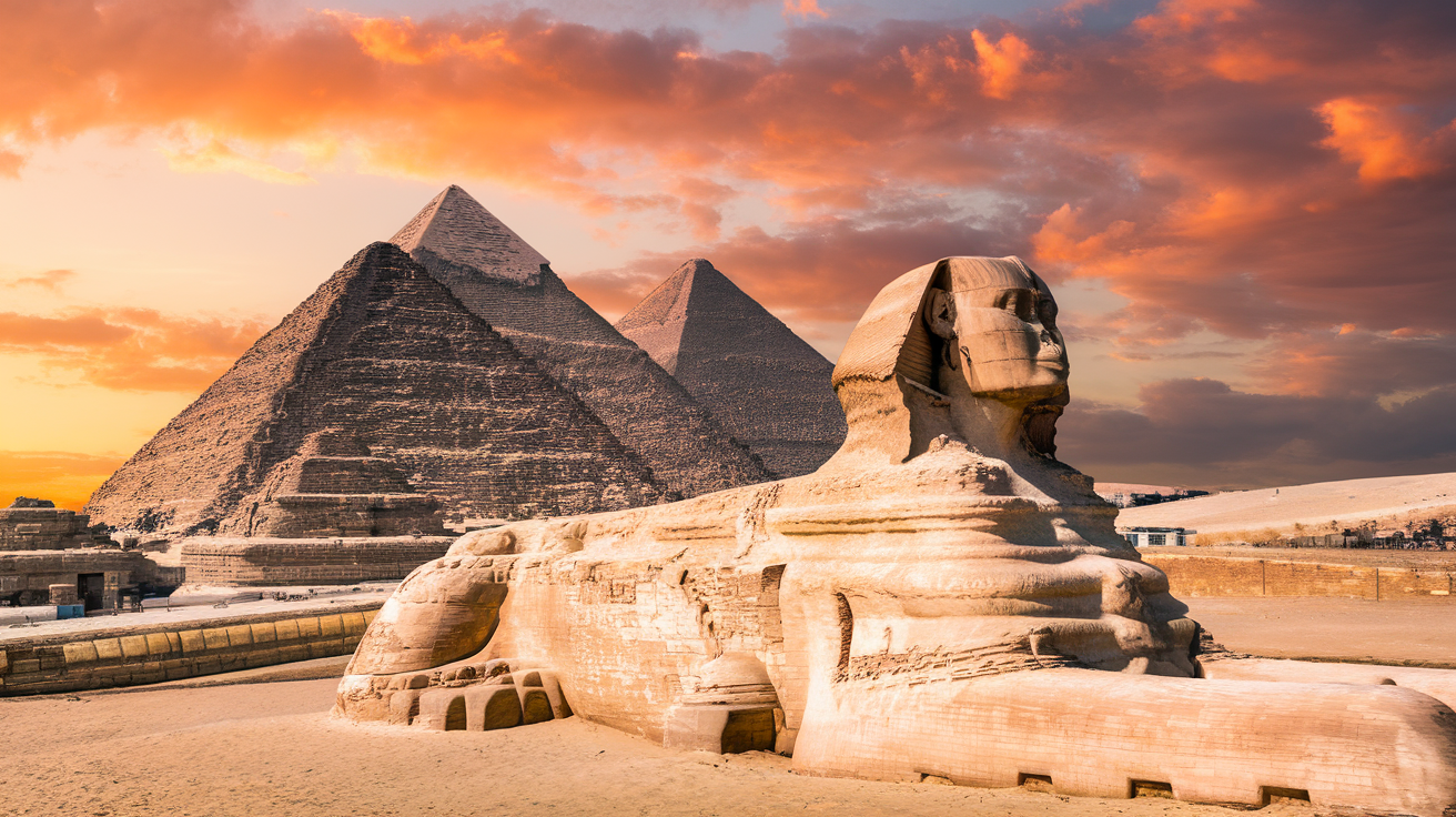 The Great Pyramids of Giza at sunset with the Sphinx in the foreground