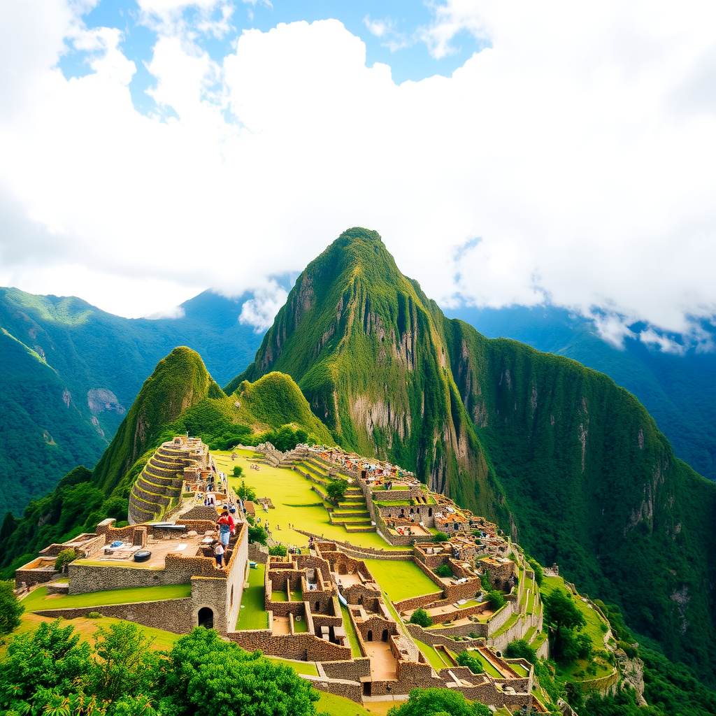 Aerial view of Machu Picchu with lush green mountains and cloudy sky.