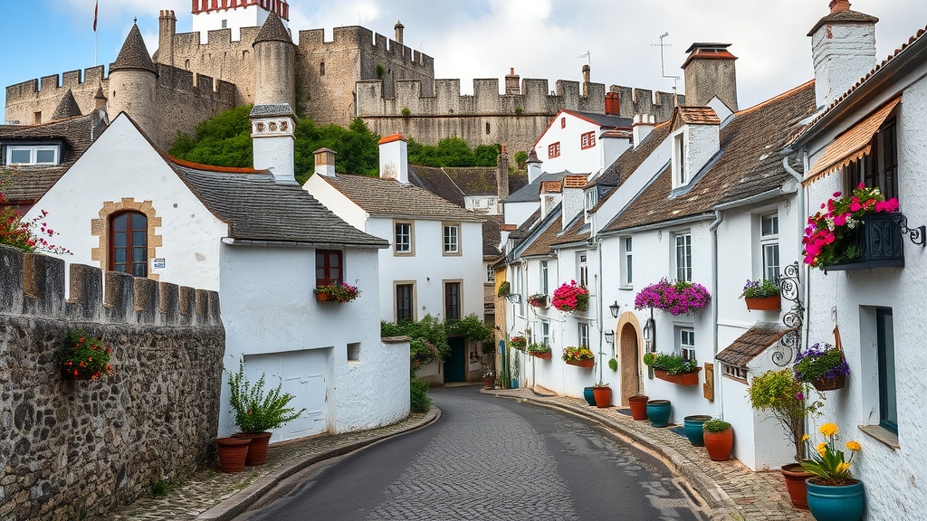 Colorful streets of Óbidos with medieval castle in the background.