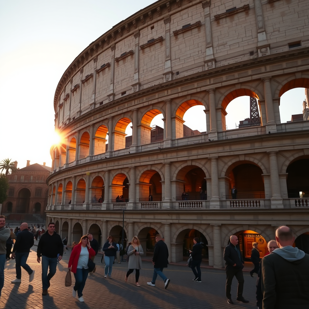 A view of the Colosseum in Rome during sunset, showcasing its magnificent architecture and lively atmosphere.