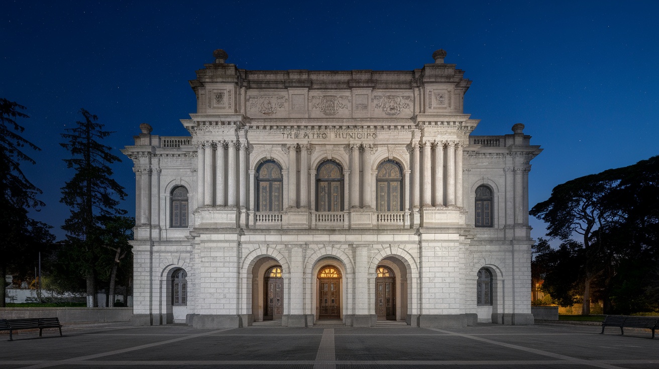 Theatro Municipal building at night with lights illuminating its facade.