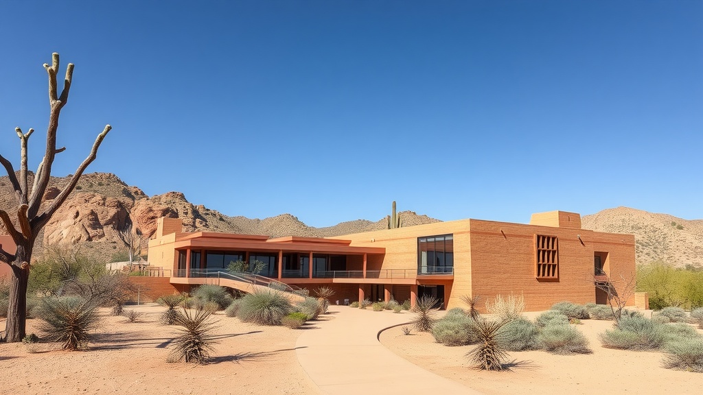 A view of Taliesin West, showcasing its unique architecture against a desert backdrop.