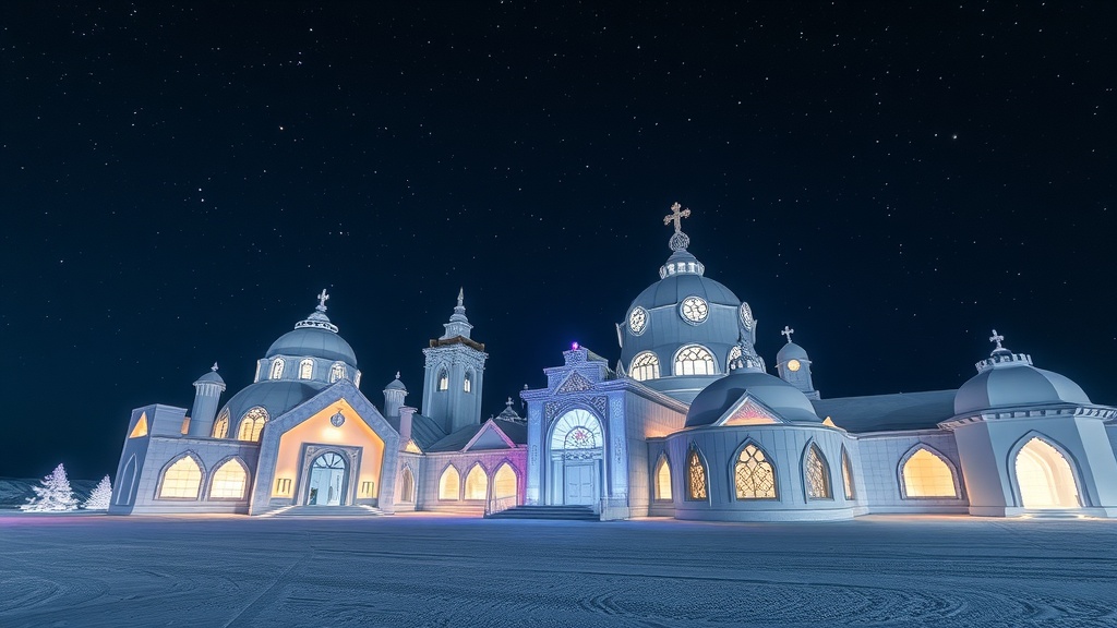 A beautifully lit ice hotel with snow-covered domes and a starry night sky.