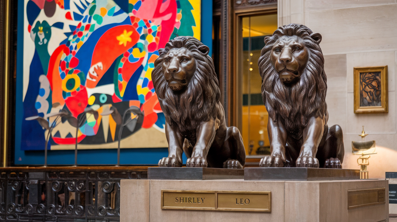 Two bronze lion statues named Shirley and Leo in front of a colorful mural at the Art Institute of Chicago.