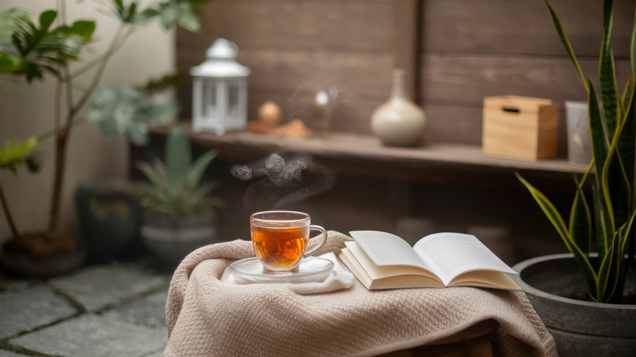 A cozy scene with a cup of tea, an open book, and a soft blanket.