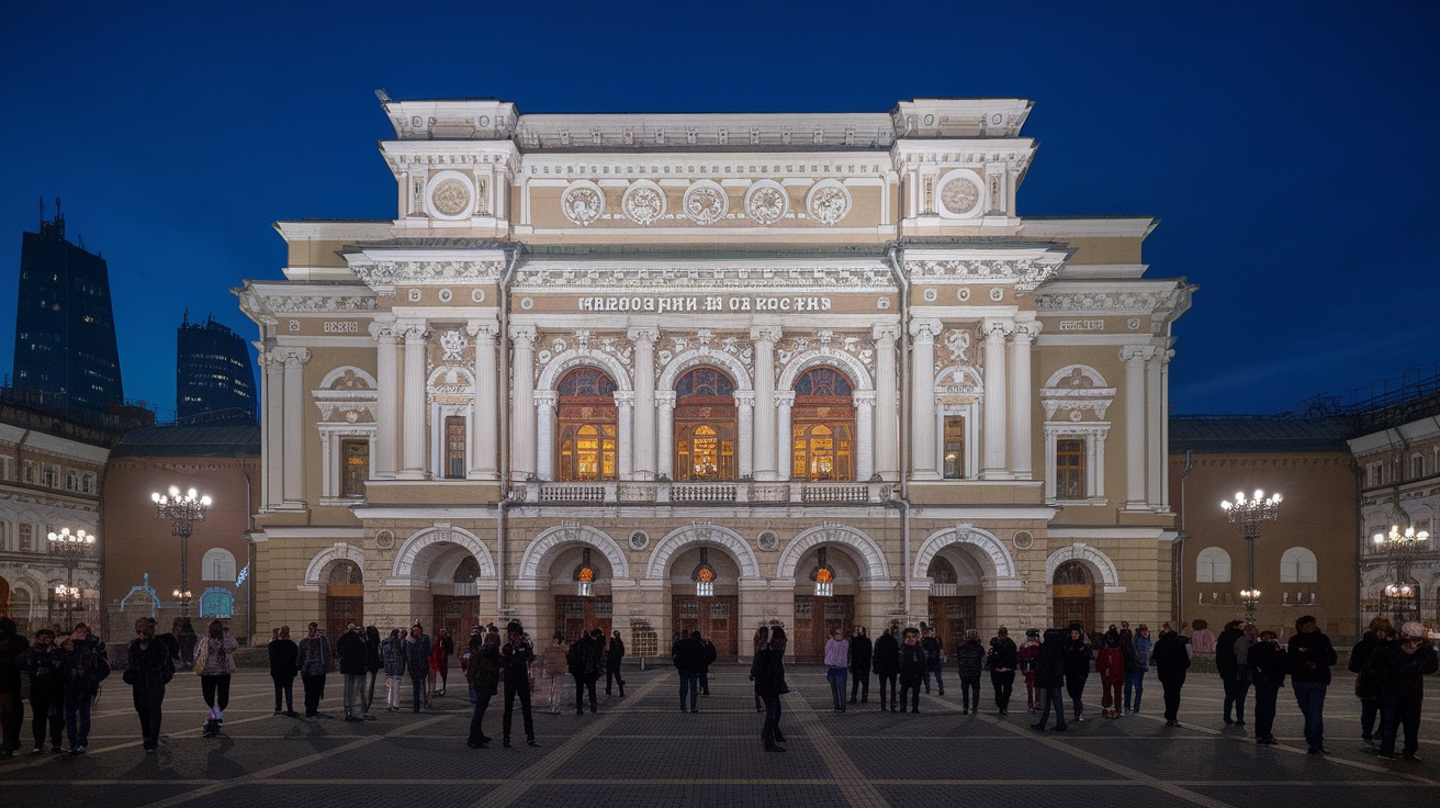 The Bolshoi Theatre at night, showcasing its stunning architecture and vibrant atmosphere.