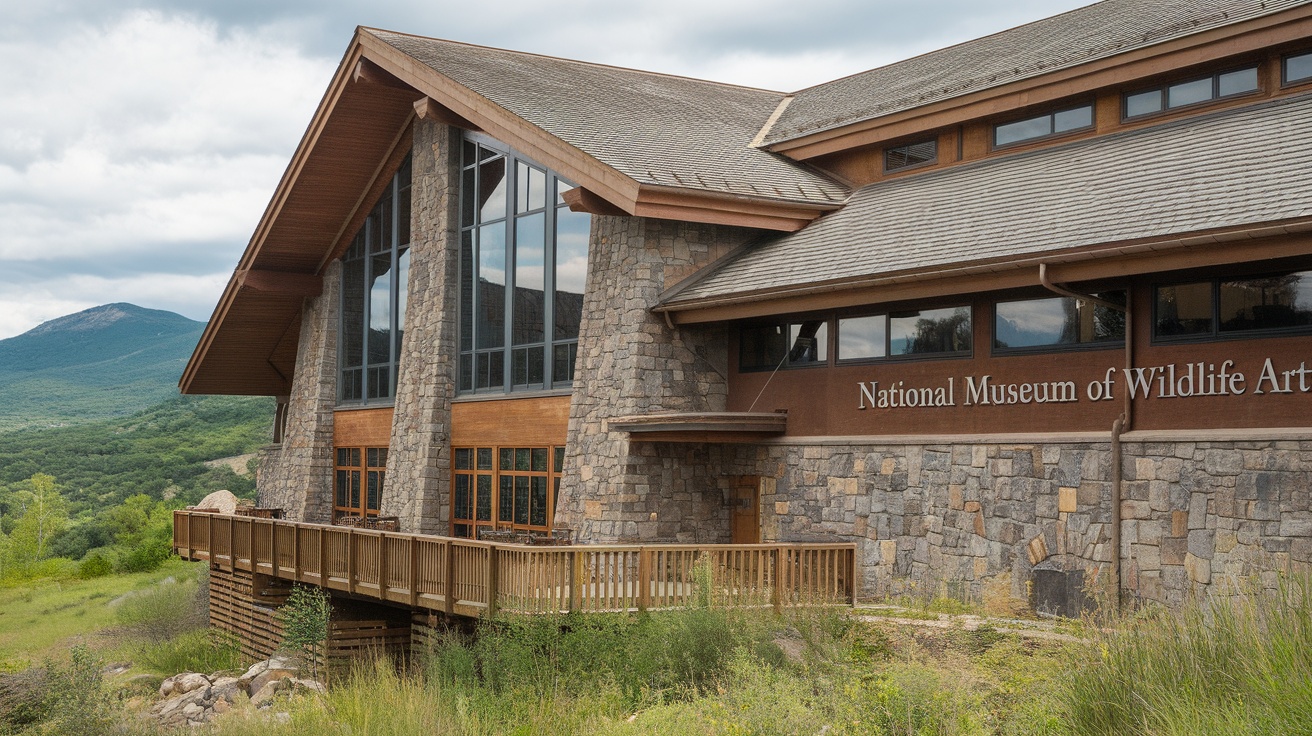 Exterior view of the National Museum of Wildlife Art with mountains in the background