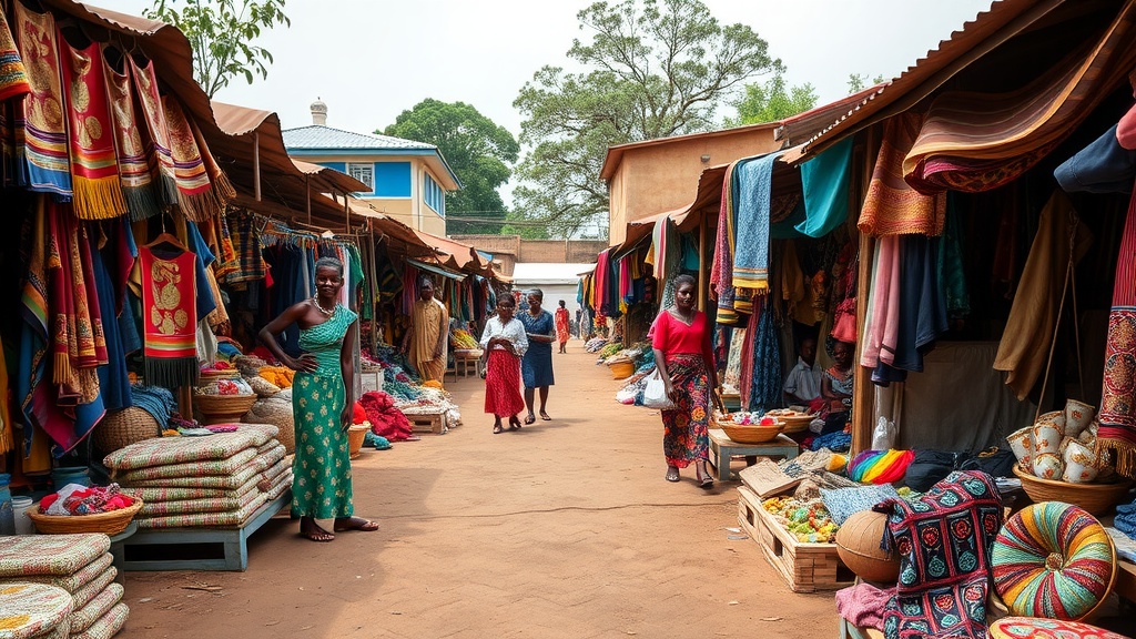 A bustling market scene in the Ashanti Region of Ghana, showcasing colorful textiles and local crafts.