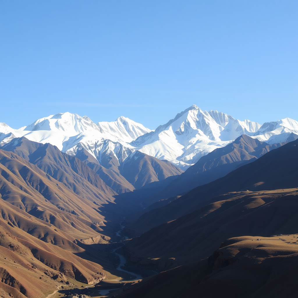 A panoramic view of the Atlas Mountains with snow-capped peaks and a valley below.