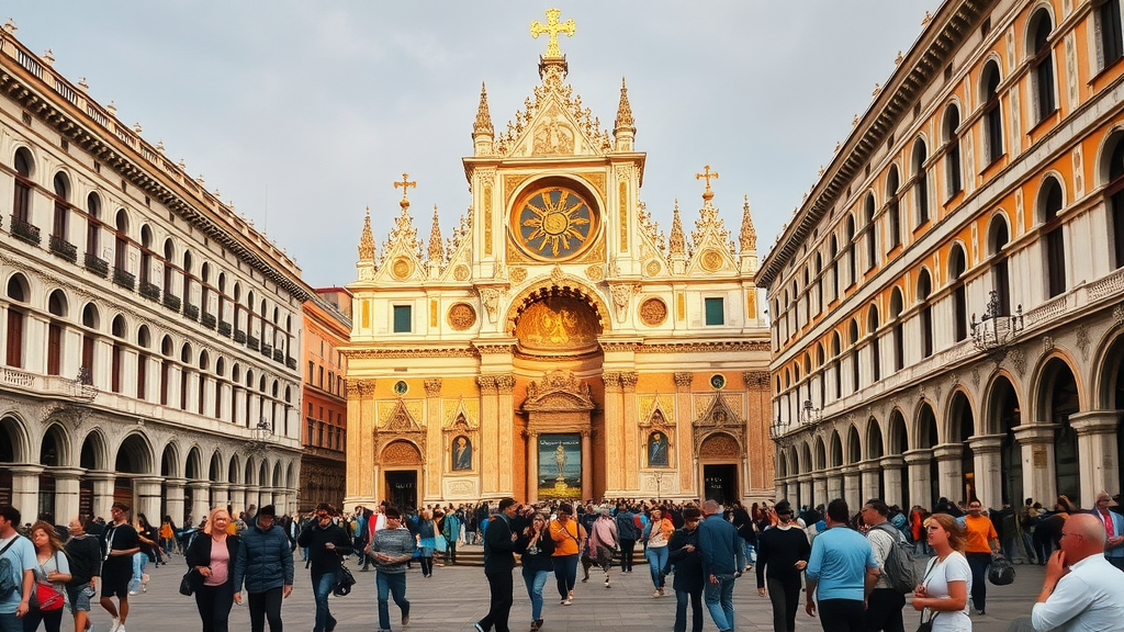 The Basilica of San Marco in Venice, featuring ornate architecture and a bustling square filled with visitors.