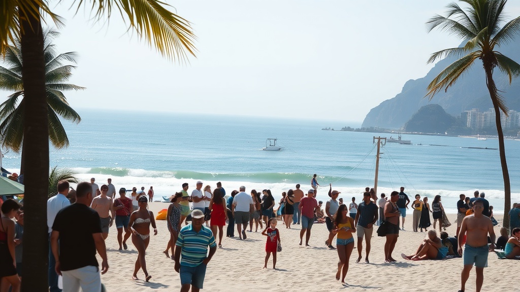 Crowded Copacabana Beach with people enjoying the sun and ocean.