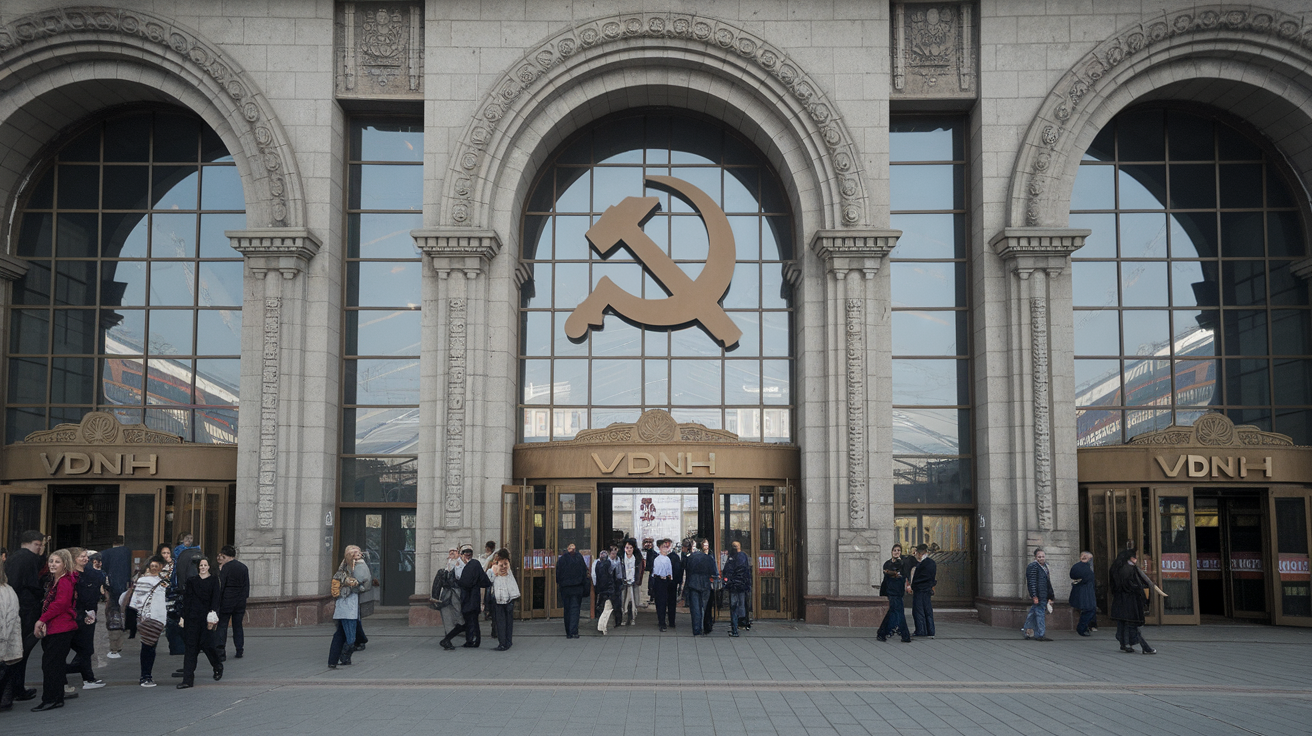 View of the VDNH Exhibition Center with people walking through an archway.