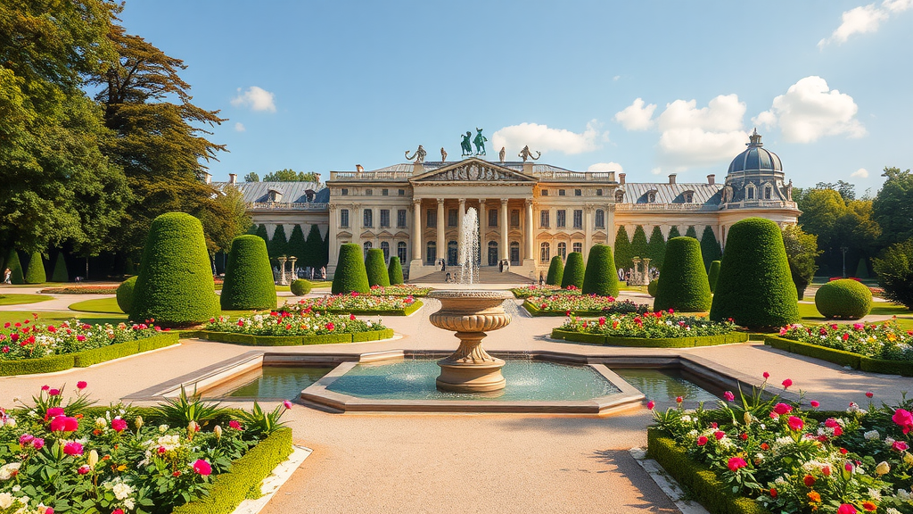 Sanssouci Palace with beautiful gardens and fountain