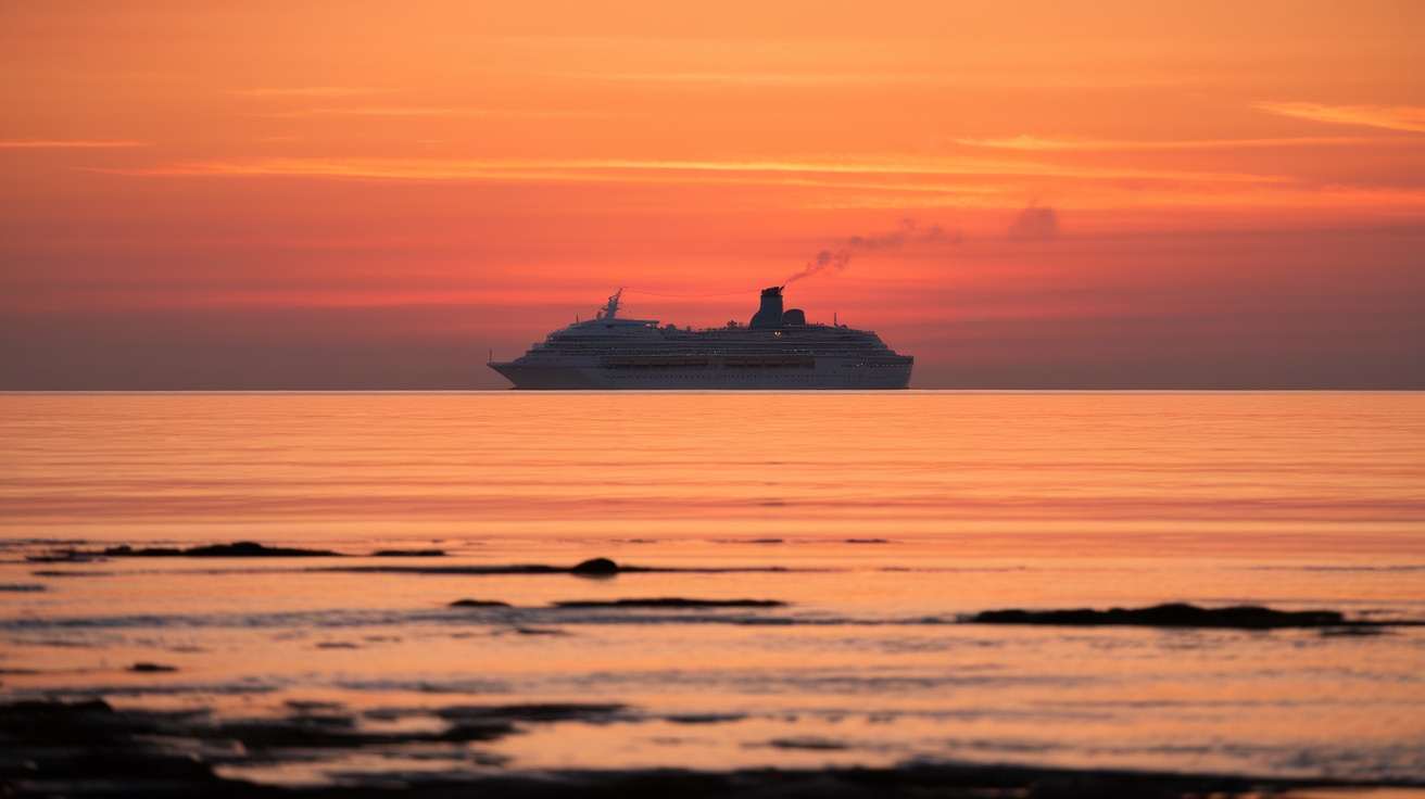 Cruise ship approaching at sunset