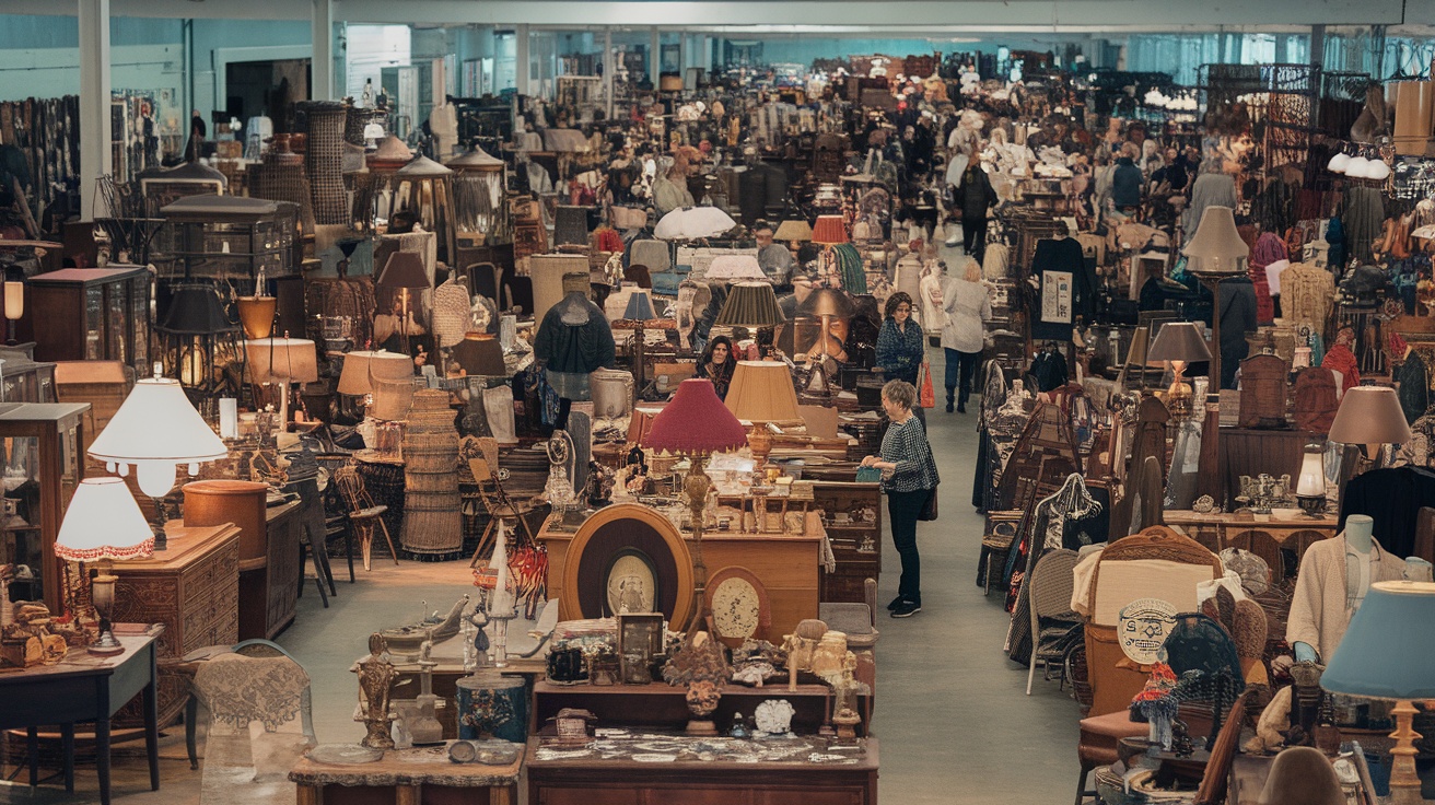 A busy antique mall filled with vintage furniture and decor.