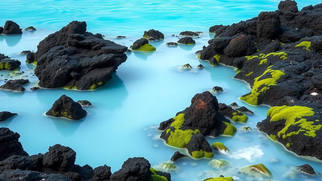 Blue Lagoon geothermal waters with black rocks and green moss