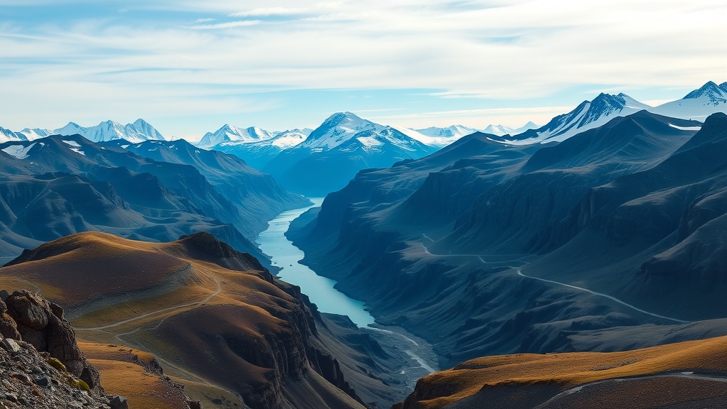 A panoramic view of the Blue Mountains in Greenland with rugged peaks and a clear blue sky.