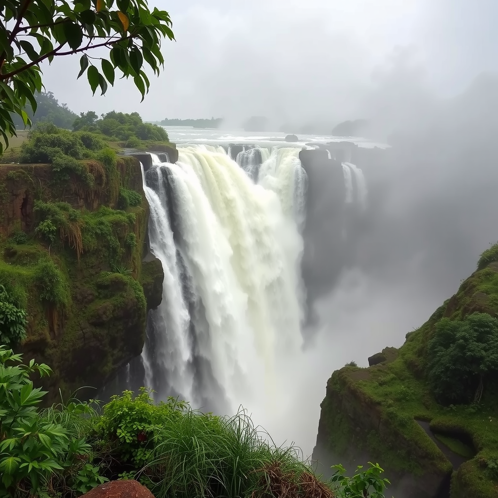 View of the Blue Nile Falls with lush greenery and powerful water flow.