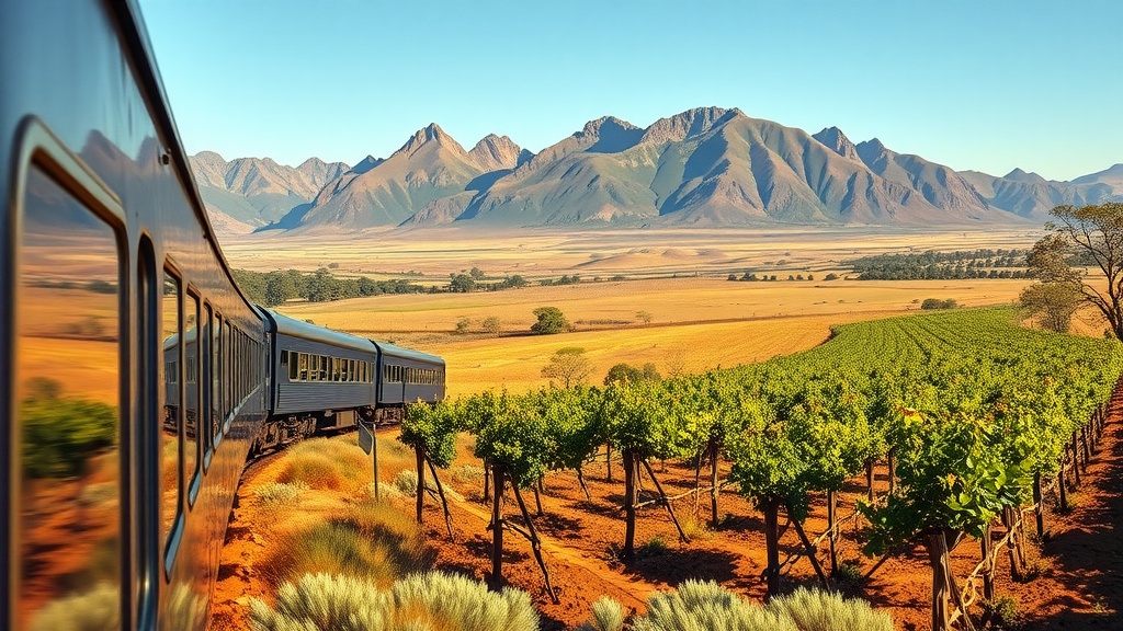 Scenic view from The Blue Train showcasing vineyards and mountains in South Africa.