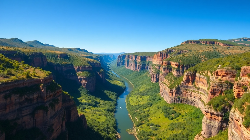 A panoramic view of the Blyde River Canyon showcasing its steep cliffs and winding river.