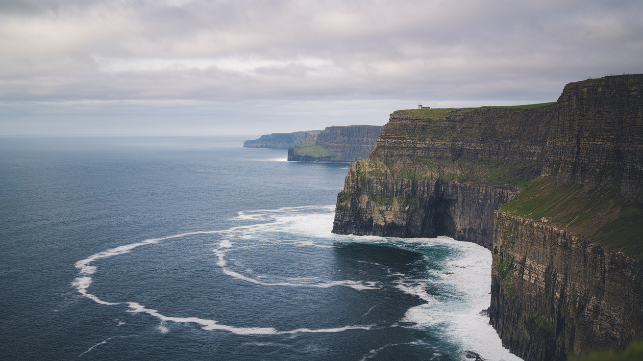 A scenic view of the Cliffs of Moher in Ireland, showing steep cliffs by the ocean under a cloudy sky.