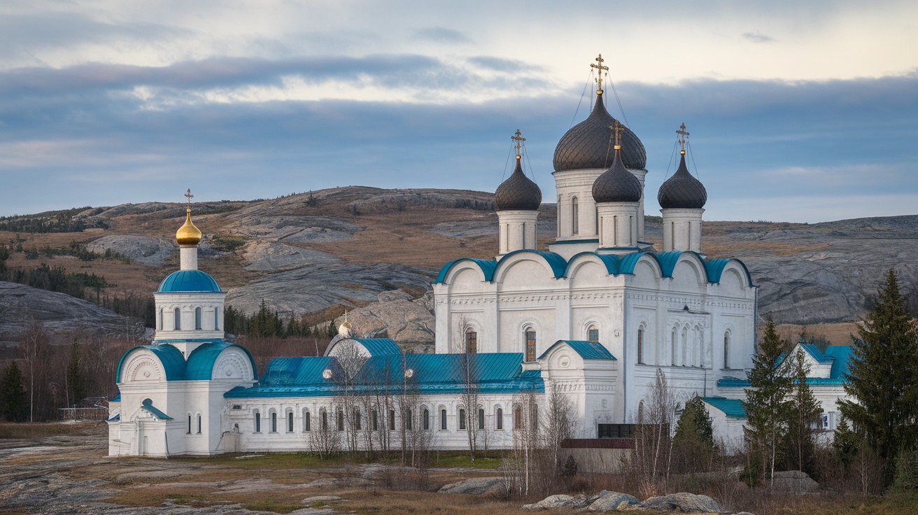 A beautiful view of a monastery on the Solovetsky Islands with a clear sky.