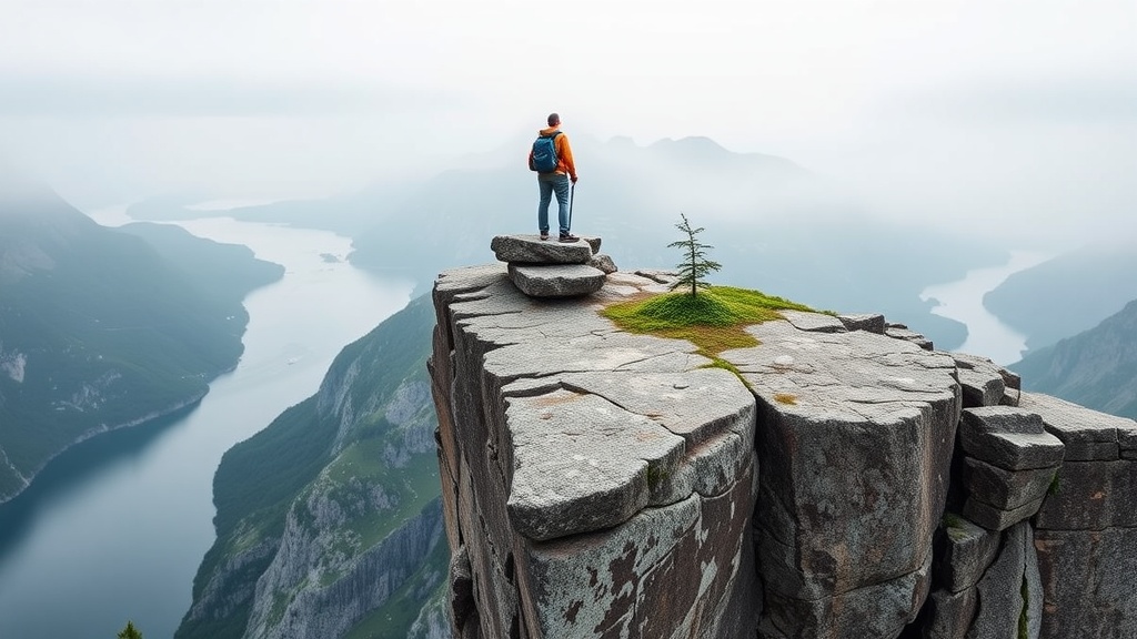 A hiker standing on the edge of Trolltunga, overlooking a foggy fjord and mountains.