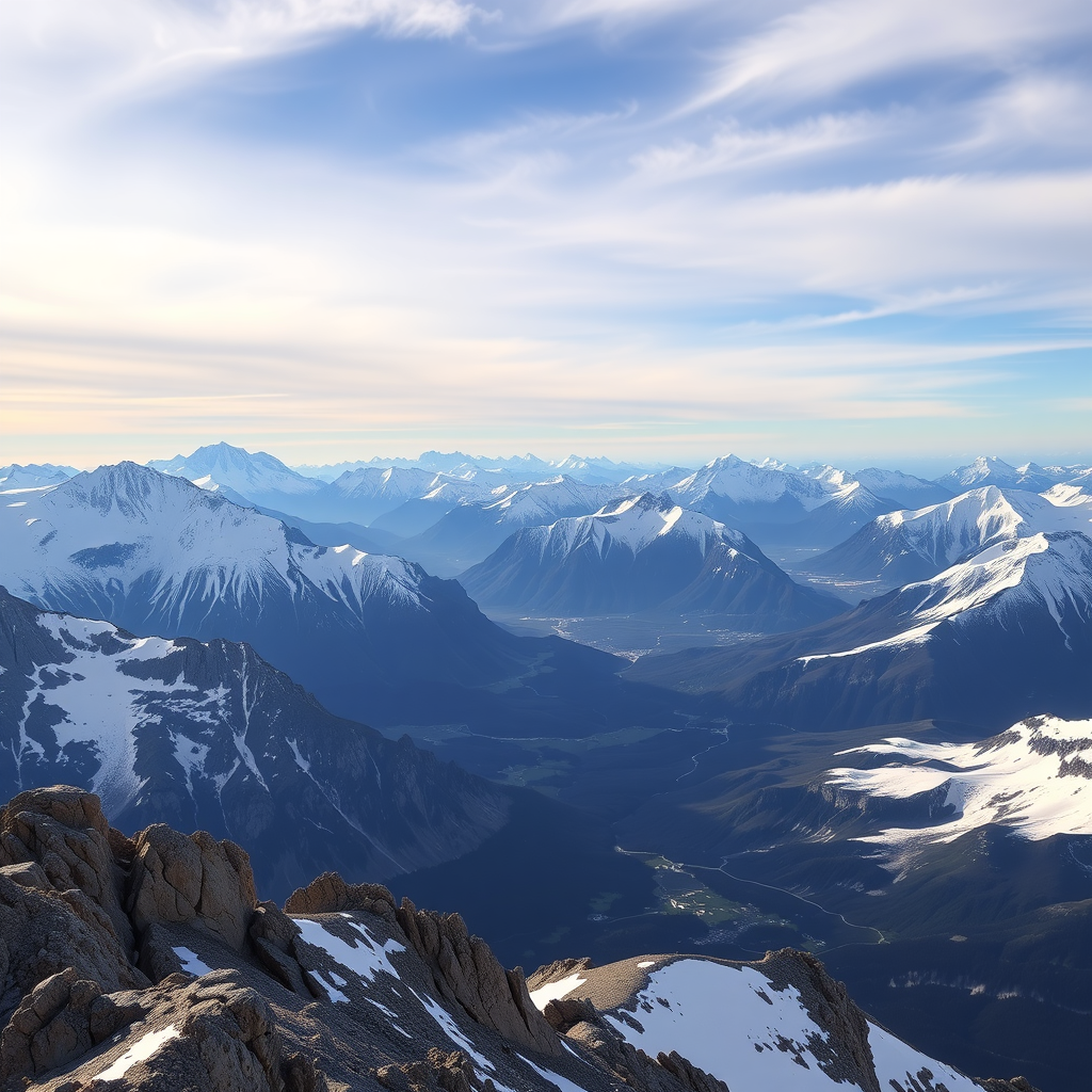 A breathtaking view from the summit of Mont Blanc showcasing snow-capped mountains and valleys.