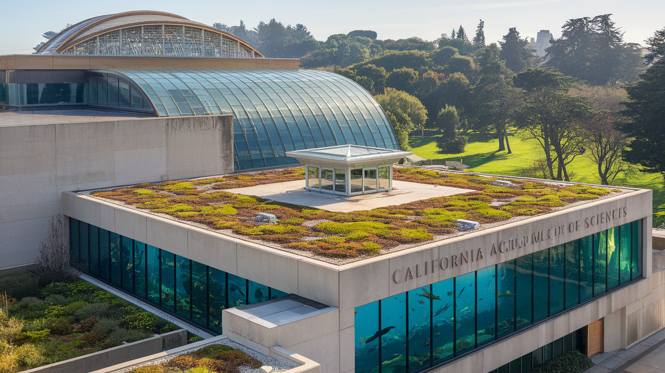 Aerial view of the California Academy of Sciences with its green roof and large windows showcasing an aquarium.