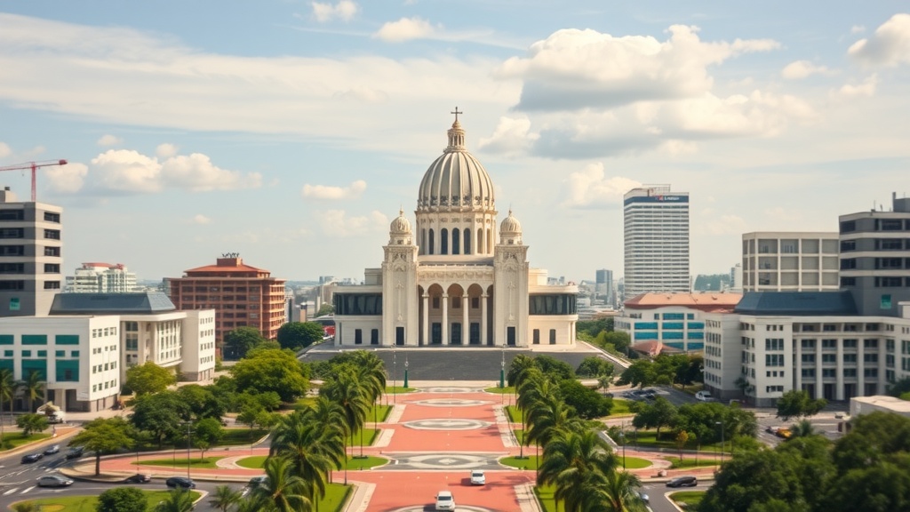 A view of a modern building in Brazil's capital, featuring a grand dome and surrounding greenery.