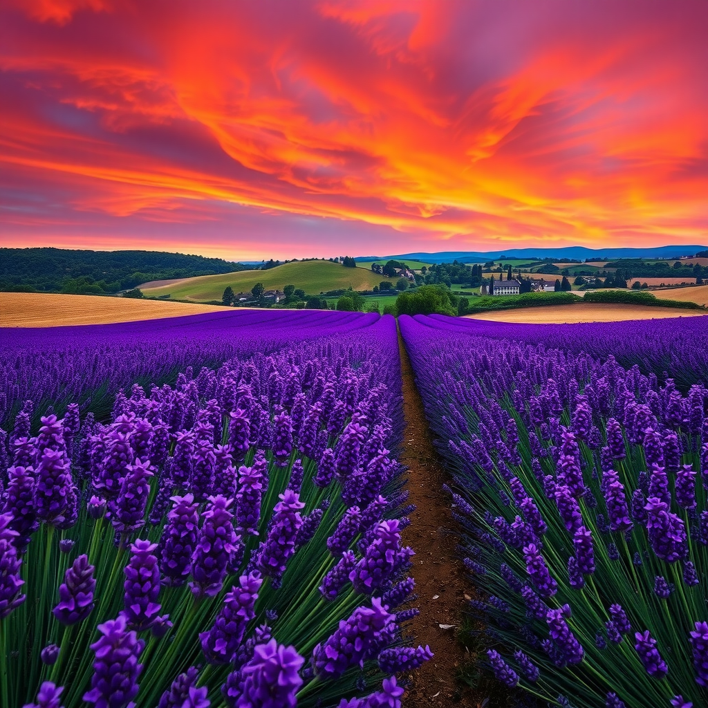 Vibrant lavender fields in Provence under a colorful sky