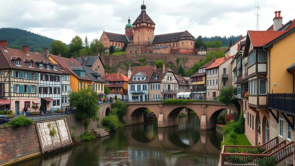 Colorful buildings along the river with a castle in the background in Heidelberg's Old Town.