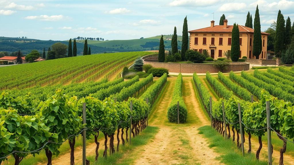 A picturesque view of Tuscany's vineyards with lush green grapevines and a charming villa.