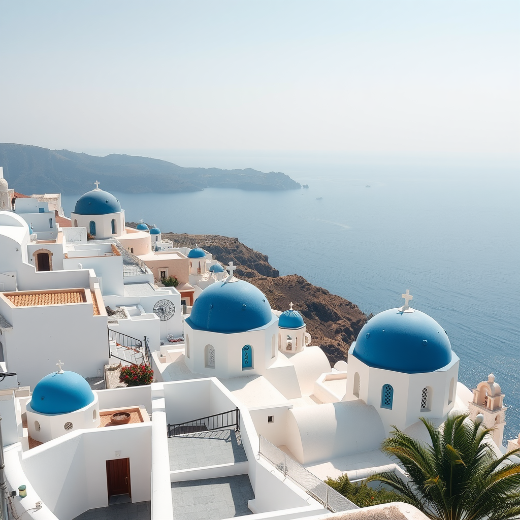 Stunning view of white buildings with blue domes overlooking the sea in Santorini, Greece.