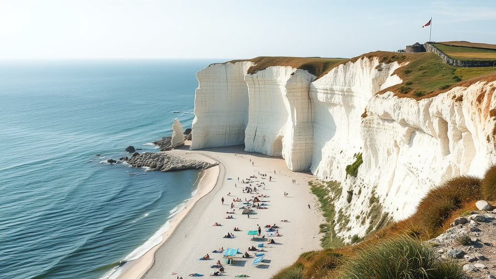 Scenic view of Rügen Island's white chalk cliffs and a beach filled with sunbathers.