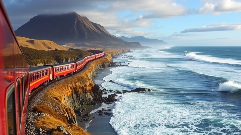 A scenic train journey along the coastline of New Zealand, showcasing hills and ocean views.