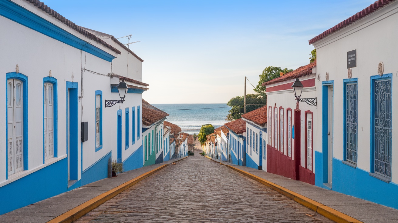 Colorful colonial buildings in Paraty, Brazil, lined along a cobblestone street with a view of the ocean.