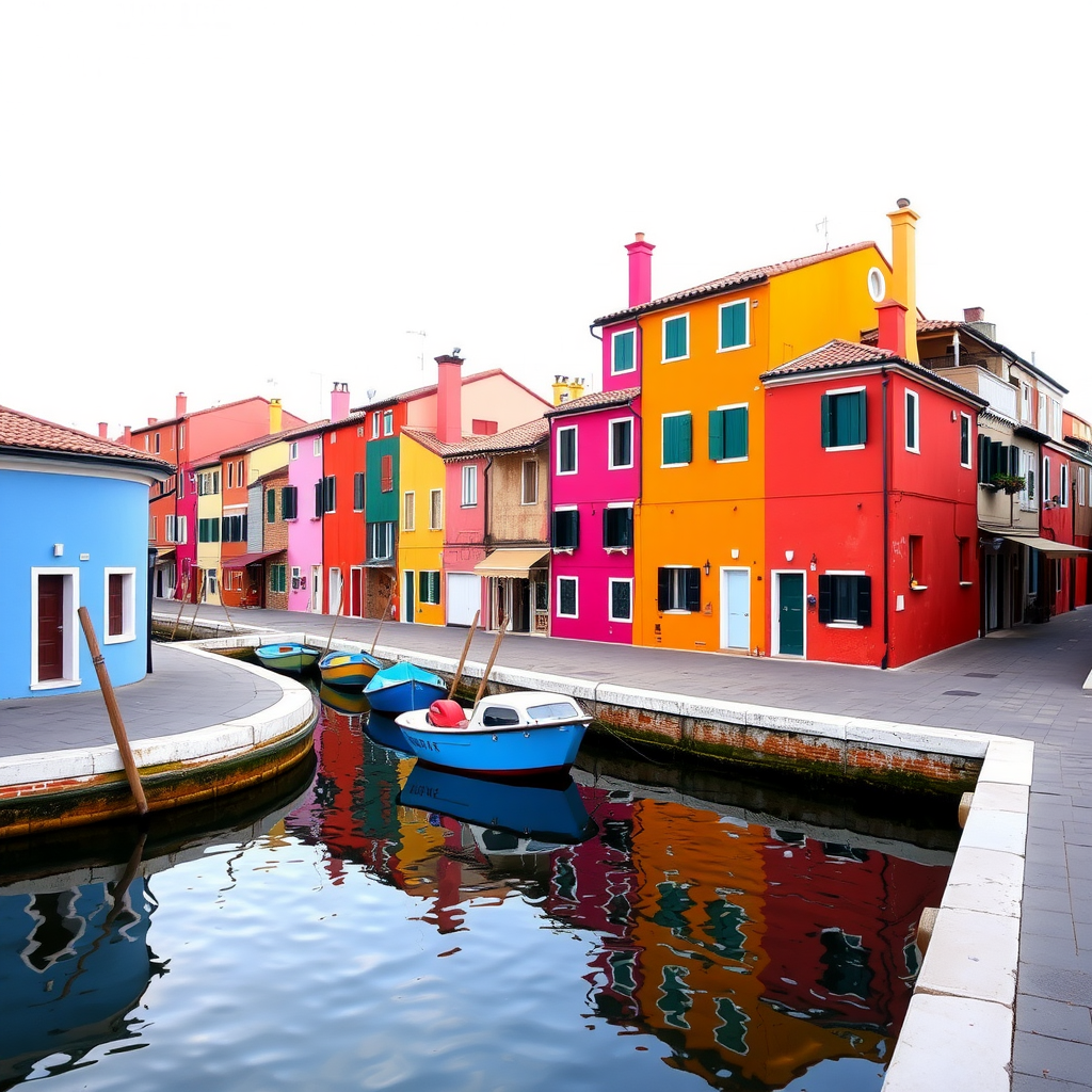 Colorful houses lining a canal in Burano, Italy, with reflections in the water.