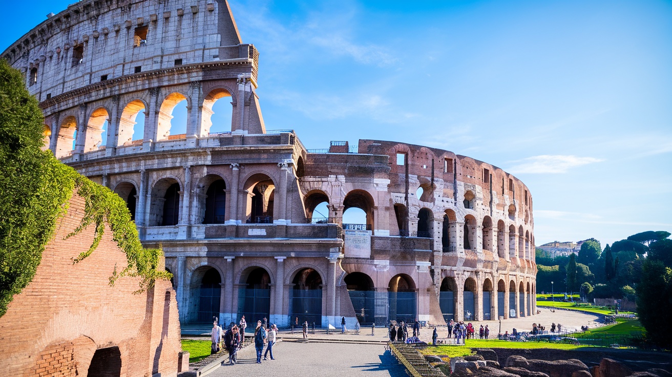 A view of the Colosseum in Rome, showcasing its ancient architecture and surrounding area.