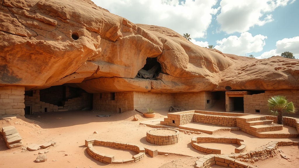 A rocky landscape with ancient structures and caves in the Cradle of Humankind, South Africa.