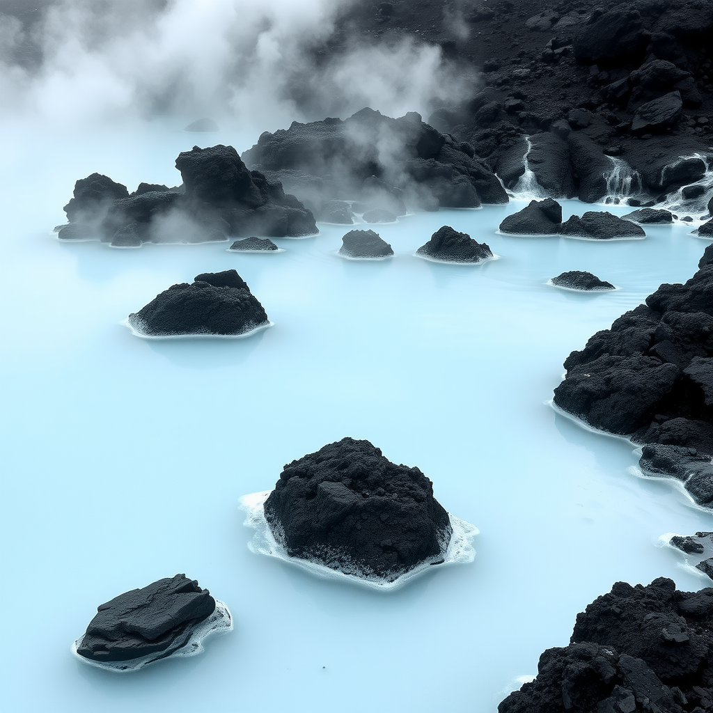 A beautiful view of the Blue Lagoon in Iceland with crystal blue waters and black lava rocks.