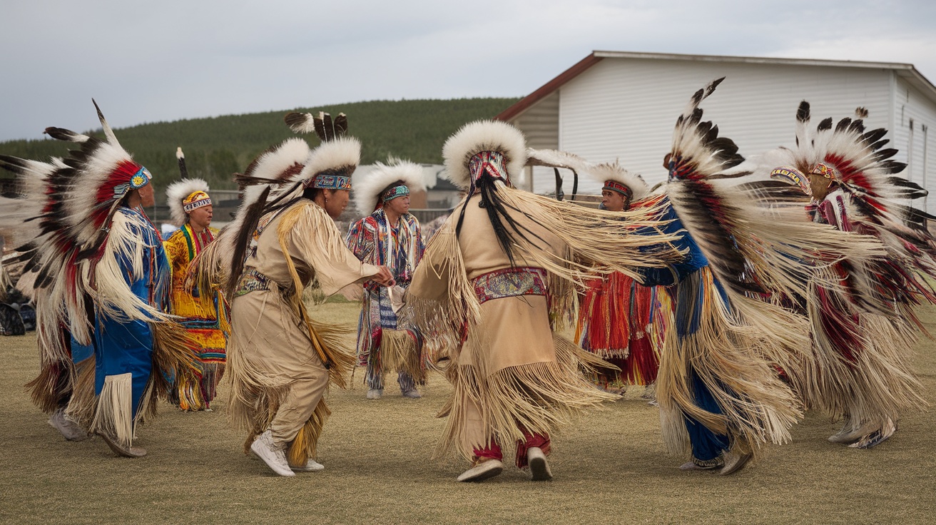 A group of dancers in traditional attire performing at the Wind River Indian Reservation.