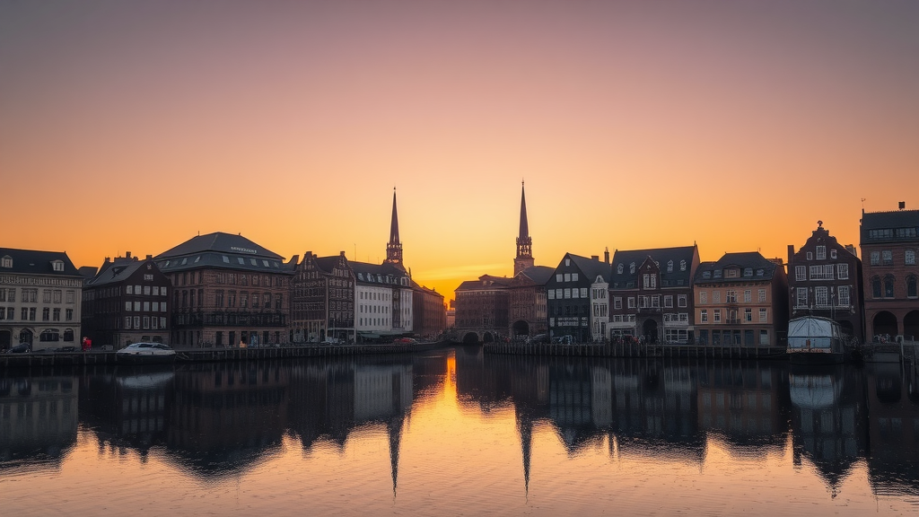 Sunset view of Hamburg's Speicherstadt with reflections on the water.