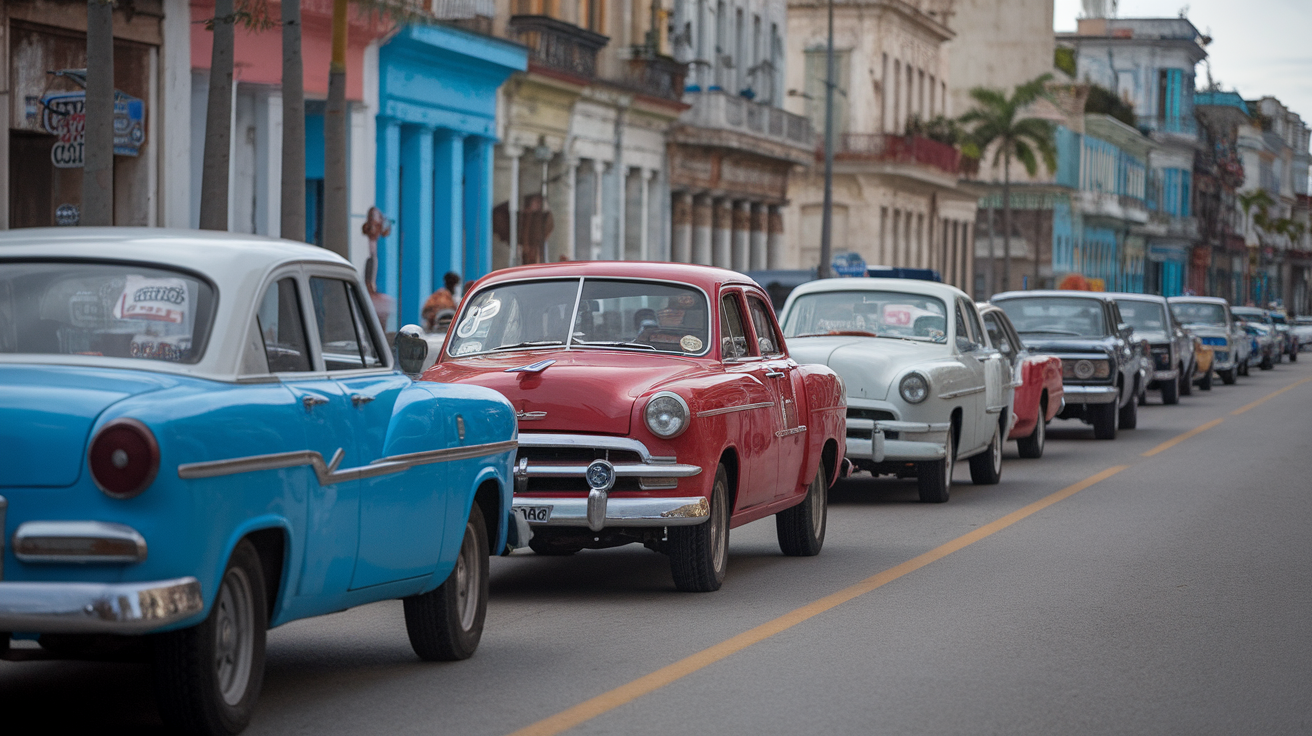 A row of classic cars parked on a street in Havana, Cuba, with colorful buildings in the background.