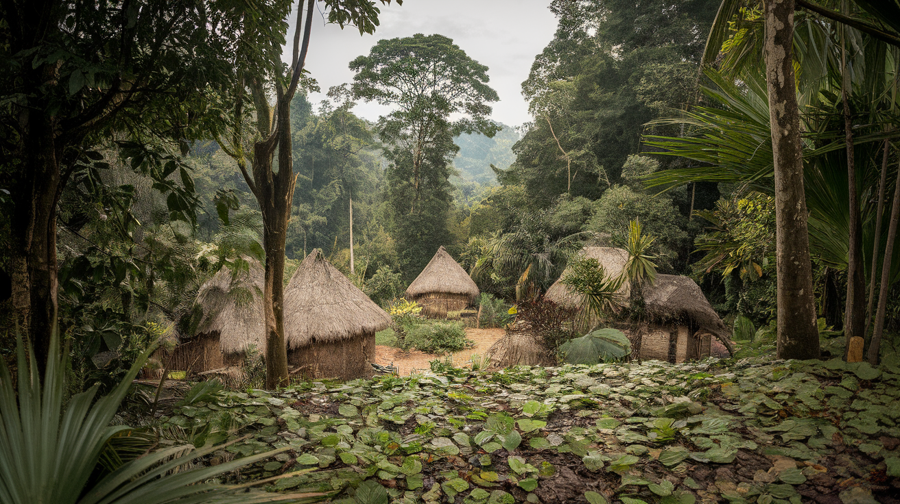 Indigenous people in the Amazon rainforest surrounded by lush greenery and wildlife.