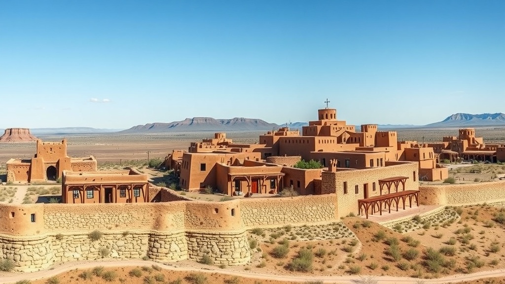 Acoma Pueblo, an ancient Native American village built on a mesa, surrounded by stunning New Mexico landscape.